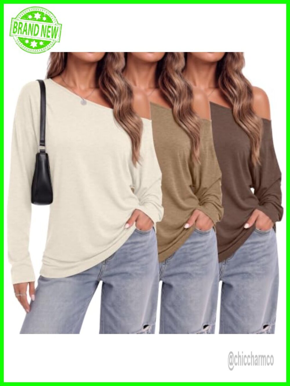 Off Shoulder Long Sleeve Tops 3 Pack Loose Fit Casual Boat Neck